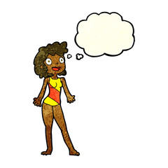 cartoon woman in swimming costume with thought bubble