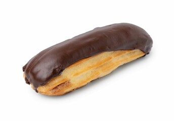 Delicious eclair covered with chocolate isolated on white