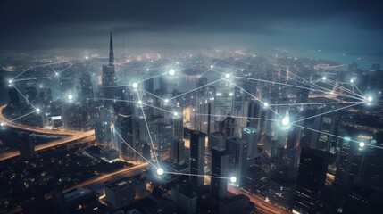 Smart cities and abstract dot points connect with gradient lines, a big data connection technology concept. Generative AI.