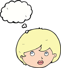 cartoon female face looking upwards with thought bubble