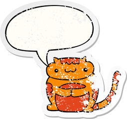 cute cartoon cat and speech bubble distressed sticker