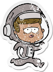 distressed sticker of a cartoon tired astronaut