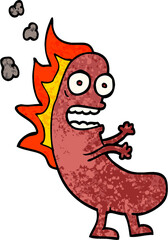 grunge textured illustration cartoon flaming hotdog