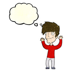 cartoon man waving arms with thought bubble