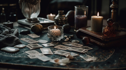 Fototapeta na wymiar Candles, Crystals, and Tarot Cards Spread Across a Table in Preparation for a Tarot Reading, Spiritual Psychic Witchy Aesthetic, Moody Photography Style - Generative AI