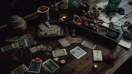 Obraz na płótnie Canvas Candles, Crystals, and Tarot Cards Spread Across a Table in Preparation for a Tarot Reading, Spiritual Psychic Witchy Aesthetic, Moody Photography Style - Generative AI