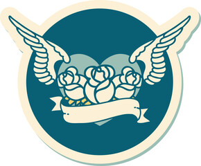 tattoo style sticker of a flying heart with flowers and banner