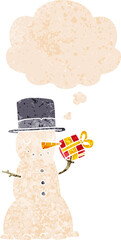 cartoon christmas snowman and thought bubble in retro textured style