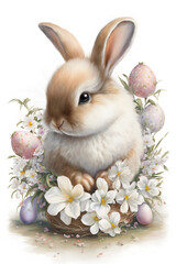 white easter rabbit with flowers