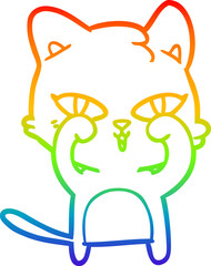 rainbow gradient line drawing cartoon cat rubbing eyes