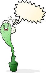 cartoon spooky ghost in bottle with speech bubble