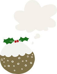 cartoon christmas pudding and thought bubble in retro style