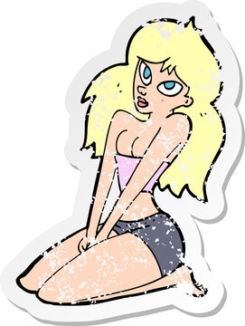 retro distressed sticker of a cartoon woman in skimpy clothing