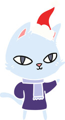 flat color illustration of a cat staring wearing santa hat