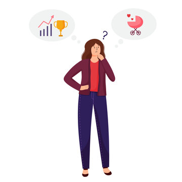 Vector woman choosing between family and motherhood and professional success and career isolated on white background. Work life balance, female hard choice concept. Cartoon illustration