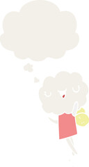 cute cartoon cloud head creature and thought bubble in retro style