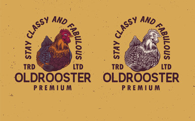 Rooster Head Vintage Logo, retro print, poster for Butchery Poultry Meat Shop with text typography