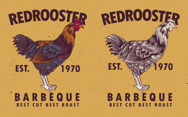 Rooster, poultry vintage logo, retro print, poster for Butchery meat shop with text typography