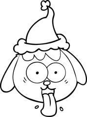 line drawing of a dog face panting wearing santa hat
