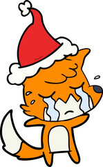 crying fox line drawing of a wearing santa hat