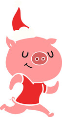 happy flat color illustration of a pig running wearing santa hat