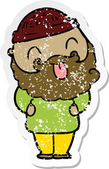 distressed sticker of a man with beard sticking out tongue
