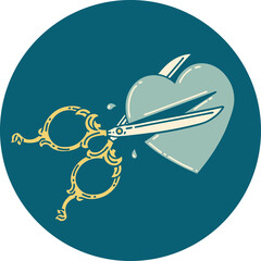 tattoo style icon of scissors cutting a heart