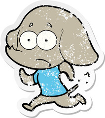distressed sticker of a cartoon unsure elephant running away