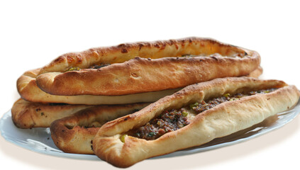 Turkish pita with mince meat isolated on white background. Fresh Turkish pizza as known in native...