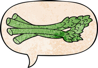 cartoon asparagus and speech bubble in retro texture style