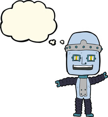 cartoon waving robot with thought bubble
