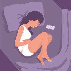 A young woman suffers from abdominal pain. Lying in bed. Symptom of menstruation, acute gastritis, diarrhea. Disease of the gastrointestinal tract. Vector illustration