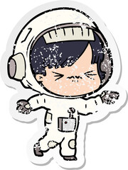 distressed sticker of a cartoon astronaut woman