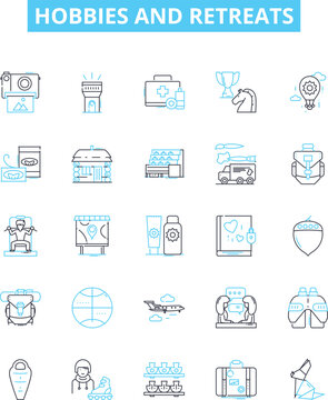 Hobbies and retreats vector line icons set. Retreats, Hobbies, Crafts, Outdoors, Music, Gardening, Photography illustration outline concept symbols and signs