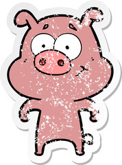 distressed sticker of a happy cartoon pig