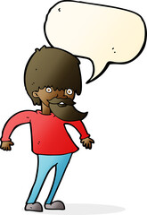 cartoon bearded man shrugging shoulders with speech bubble