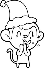 crazy line drawing of a monkey wearing santa hat