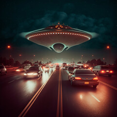 Fototapeta na wymiar UFO night flying saucer in the dark sky over the road with cars, contact with aliens, another civilization, cover illustration. Generative AI.