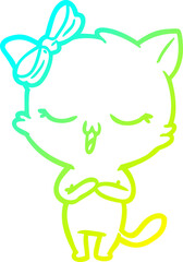 cold gradient line drawing cartoon cat with bow on head