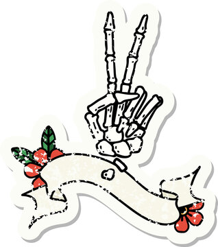 grunge sticker with banner of a skeleton hand giving a peace sign