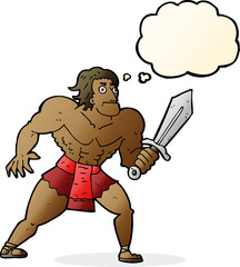 cartoon fantasy hero man with thought bubble
