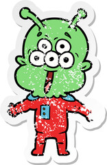 distressed sticker of a happy cartoon alien