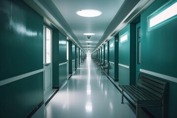 Fototapeta premium Blurred Hospital Corridor with Defocused Clinic Background - Indoor Shot with Nobody