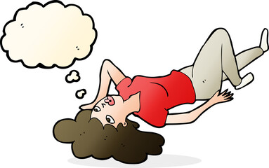 cartoon woman lying on floor with thought bubble