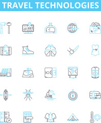 Travel technologies vector line icons set. Mobile, Apps, AI, Voice, Augmented, Reality, Tracking illustration outline concept symbols and signs