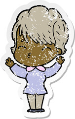 distressed sticker of a cartoon woman thinking