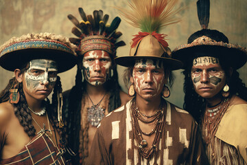 Group portrait of indigenous people from the Amazon with ritual paintings on their face and headdresses looking at the camera. Generative ai - obrazy, fototapety, plakaty