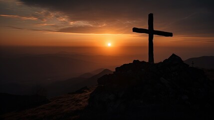 Mountain Majesty: Artistic Silhouette of Crucifix Cross Against Sunset Sky.Generative Ai