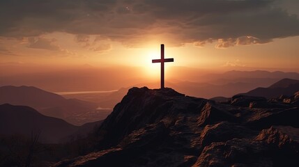 Mountain Majesty: Artistic Silhouette of Crucifix Cross Against Sunset Sky.Generative Ai