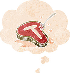 cartoon steak and thought bubble in retro textured style